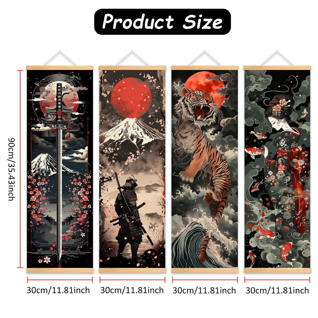4PC Japanese Samurai Scrolls Canvas Wall Art Poster 11.81x35.43in
