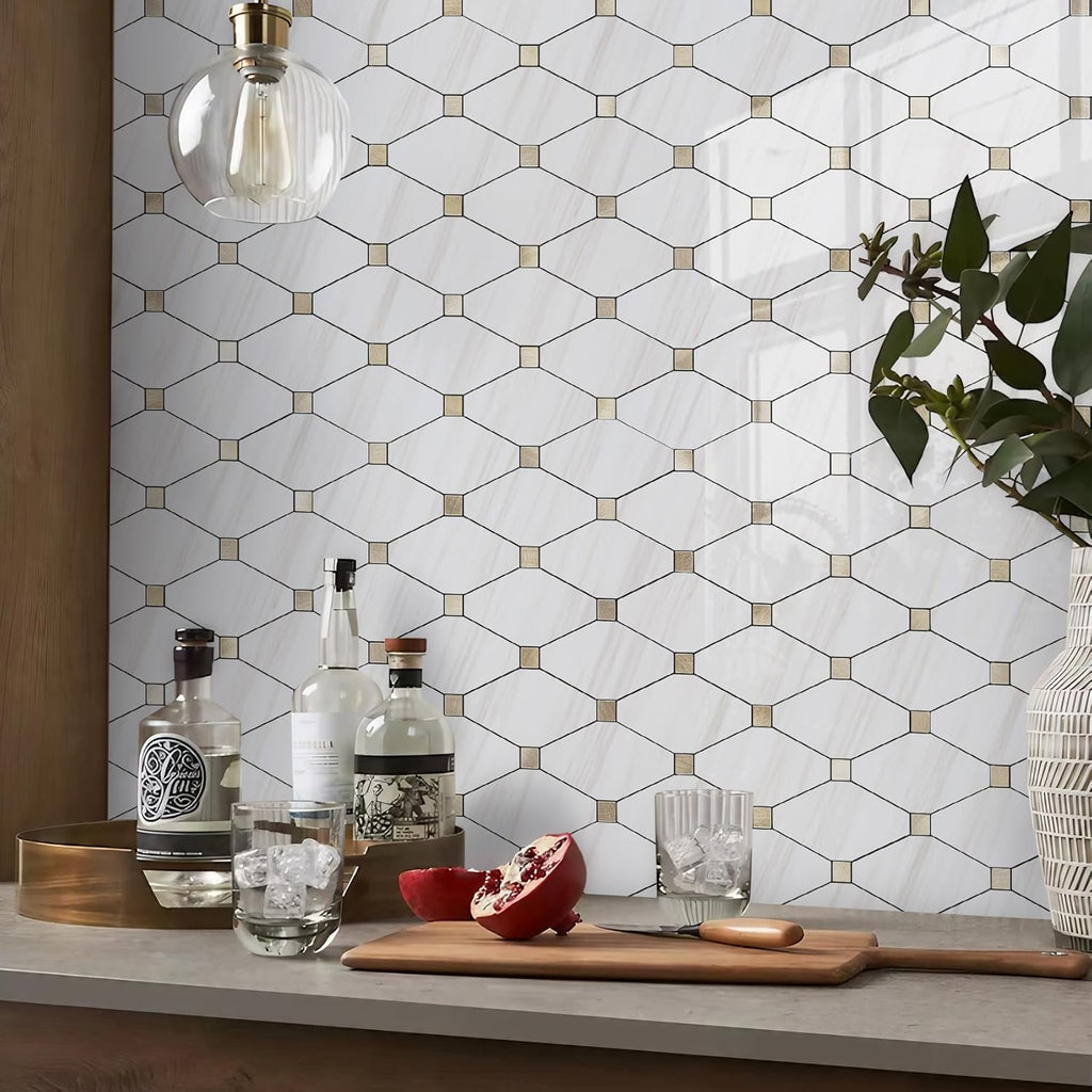 10 Sheets Peel and Stick Backsplash, Polished Dolomite PVC Mixed Metal Gold Kitchen Backsplash, Stick on Backsplash