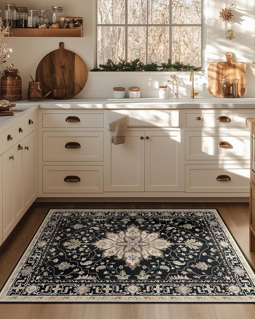 Area Rugs Washable Non-Slip, Floral Vintage Distress Print Pattern Medallion Carpet for Living Room Bedroom