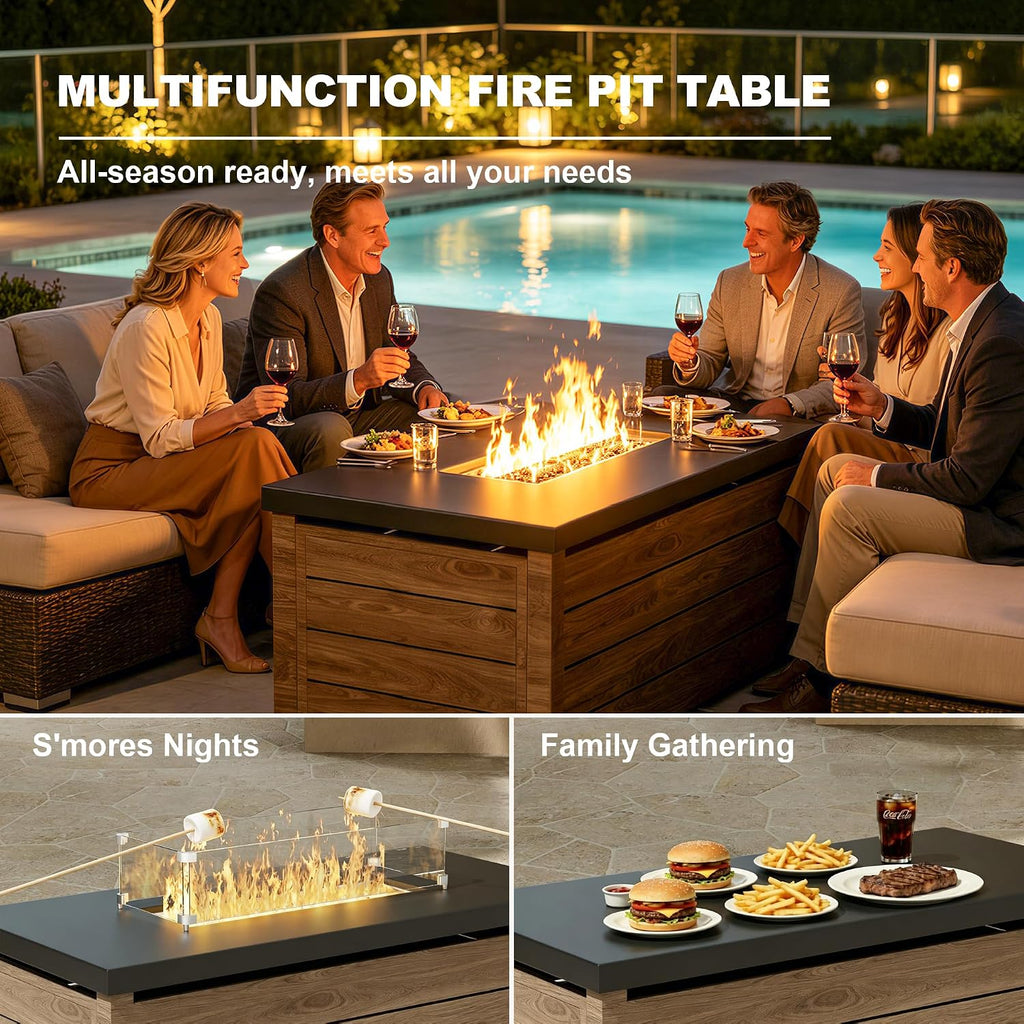 Outdoor Propane Fire Pit Table, 60,000 BTU Rectangular Gas Fire Pit | with Lid, Glass Bead and Top Cover, 3 in 1 Fire