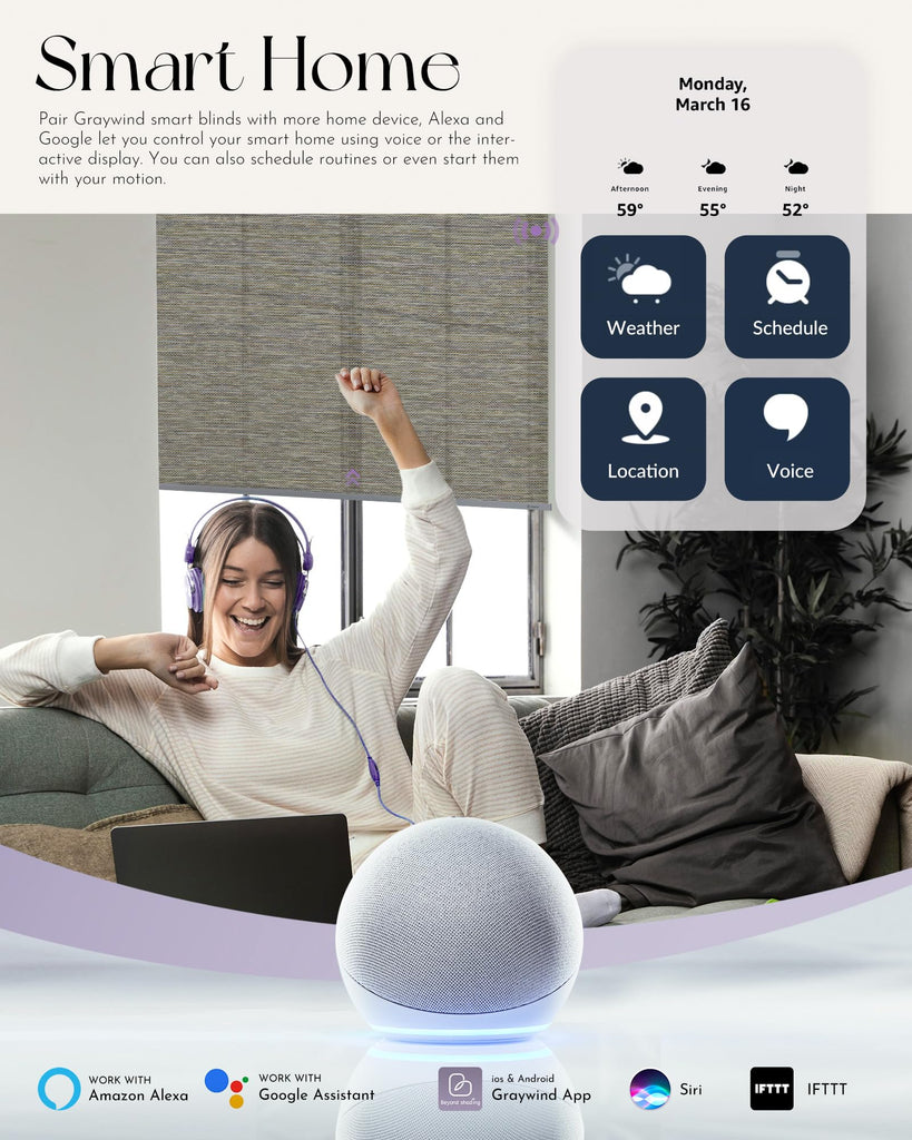 Motorized Roller Shades - Natural Woven Shades for Windows, Alexa & Google Control, Smart Blinds with Remote