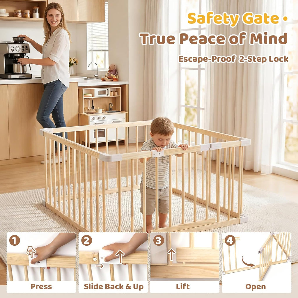Small Wooden Baby Playpen, 36x36x24 Inch with Dual-Lock Safety Gate | Easy Assembly Activity Center, Space-Saving