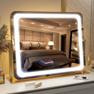 Gold Vanity Mirror with Lights 22"x19", LED Lighted Makeup Mirror, Large Makeup Mirror, Make up Mirror with Lighting