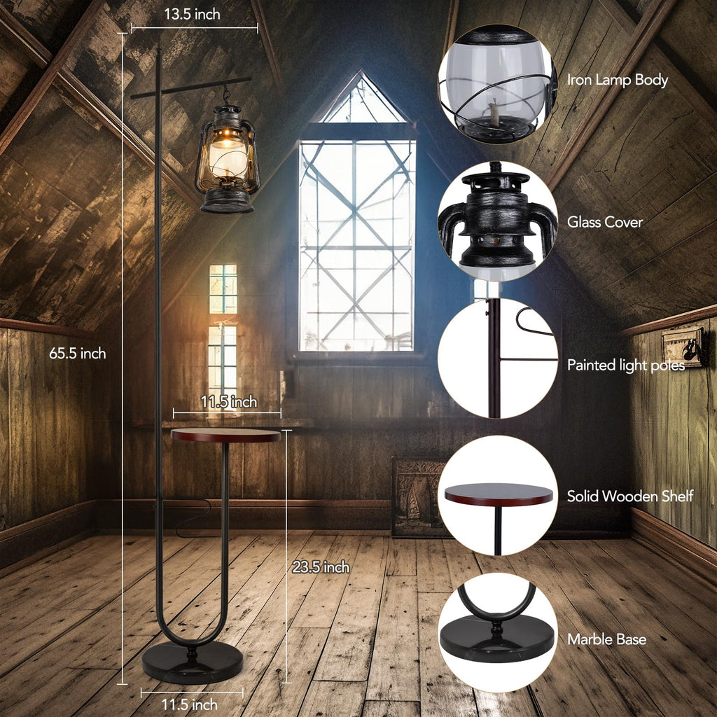 Vintage Floor Lamp with Table, Classical Lantern Standing Rustic Farmhouse Nightstand Hanging Arc Floor Lamp with
