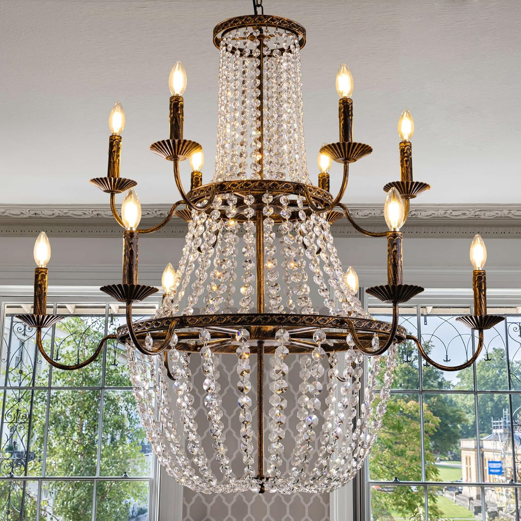 Crystal Chandelier, 40" D French Empire Living Room Chandelier, Rustic Farmhouse Foyer Light Fixture for High Ceilings, Dining Room, Bedroom, Foyer, Staircase, Antique Bronze A108-B0CKXGF3PH