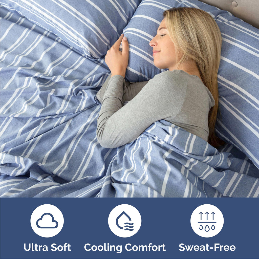 Queen Size 4 Piece Sheet Set - Breathable & Cooling Sheets - Blue Stripes