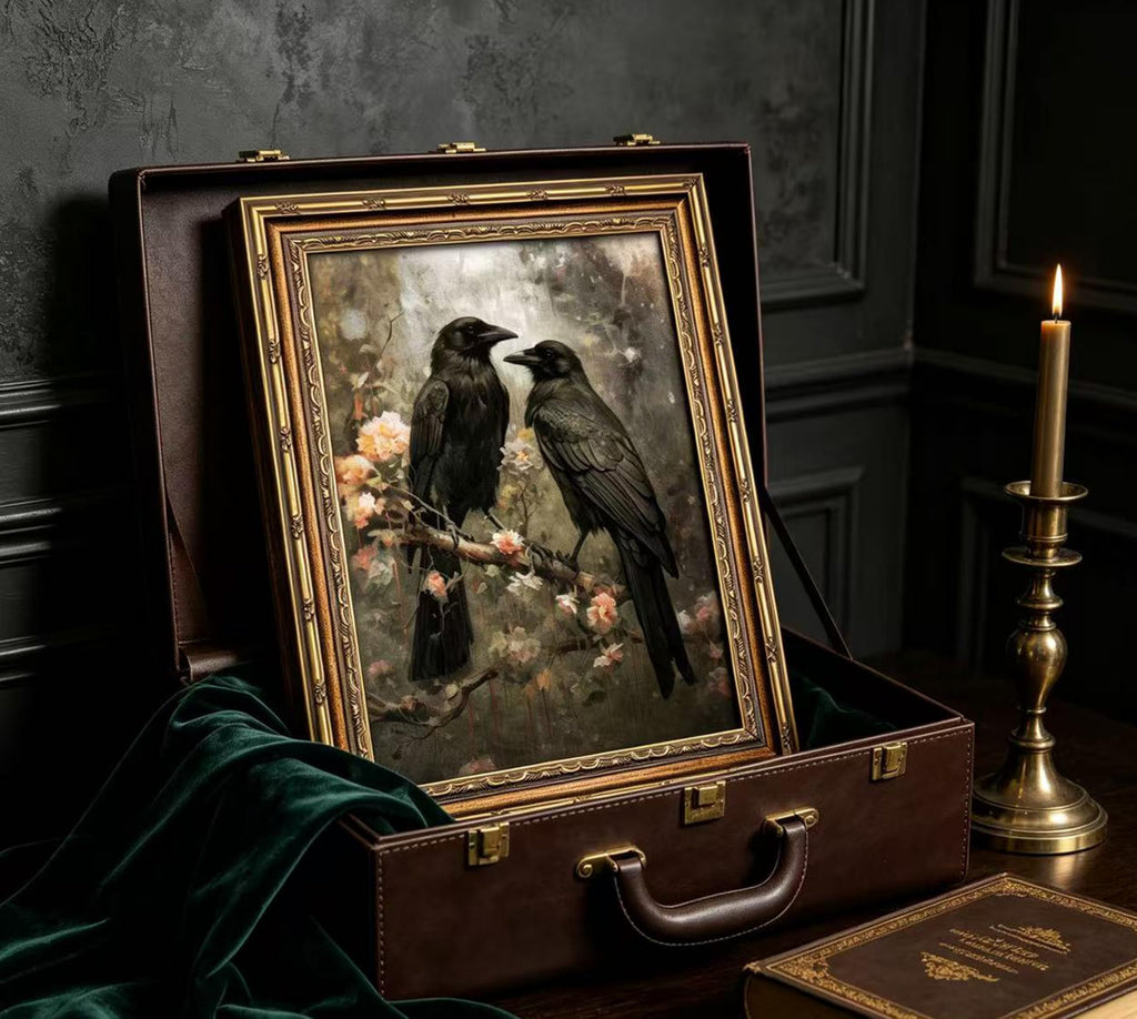 Vintage Gold Framed Crow Wall Art, Gothic Raven Floral Canvas Prints, Dark Academia Aesthetic Bird Wall Decor, Moody