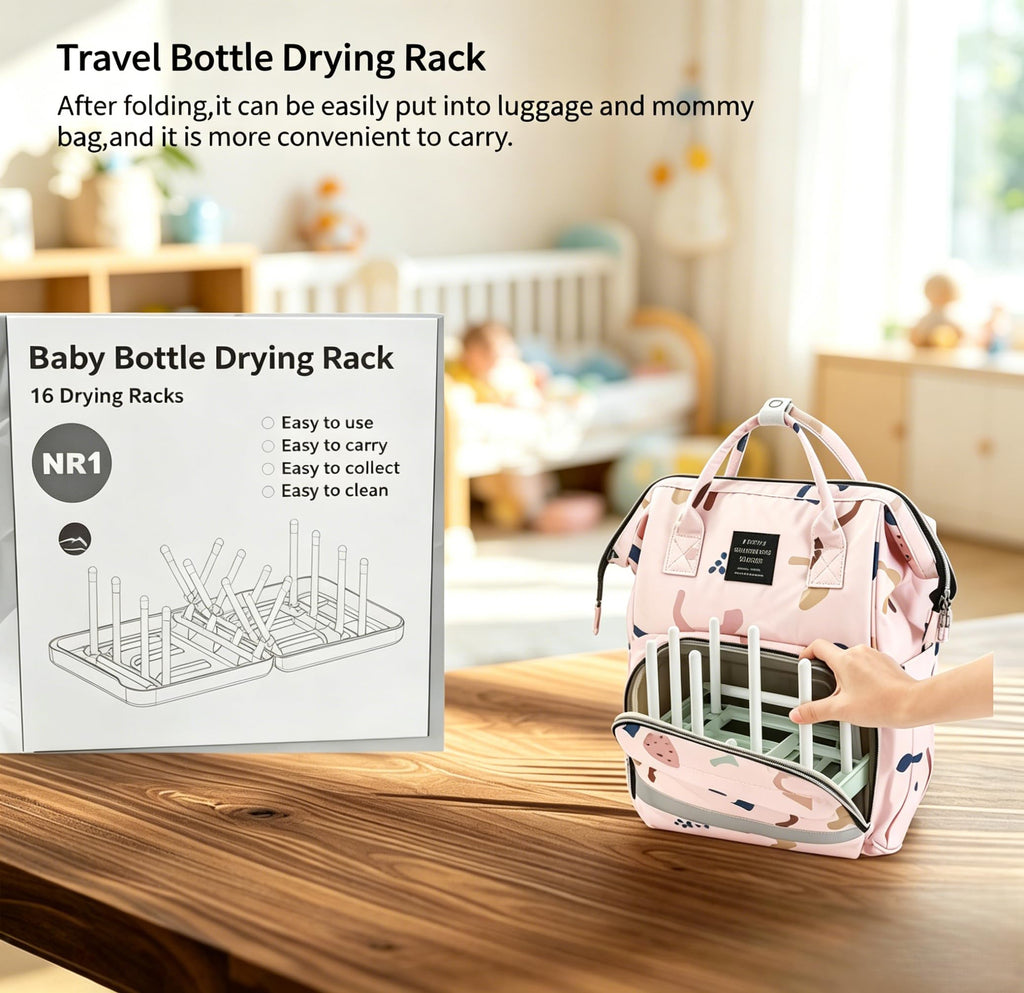 Foldable Travel Bottle Drying Rack, 16-Rib High Capacity, Space-Saving Portable Drying Rack for Baby Bottles, Breast