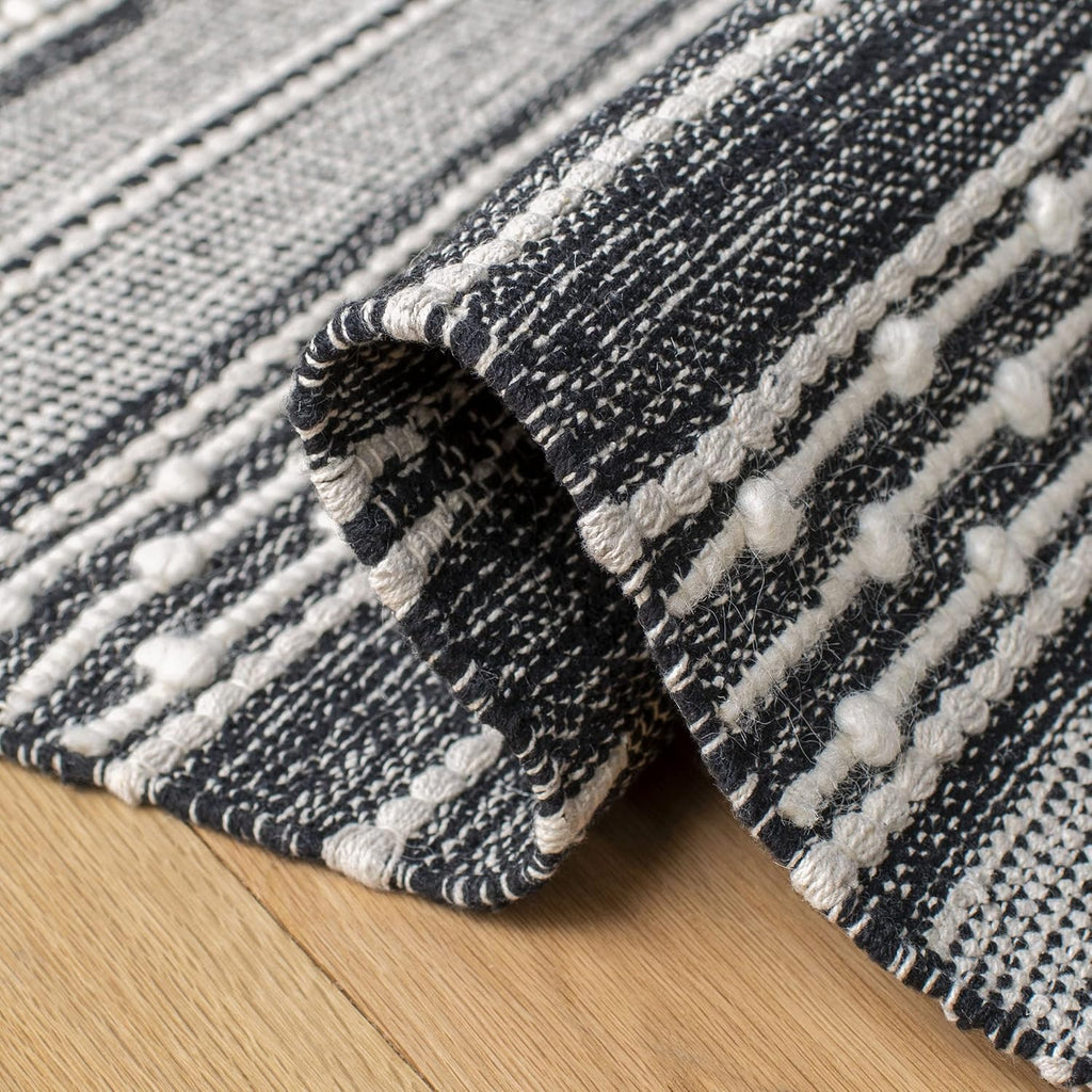 Striped Kilim Collection Runner Rug, Black & Ivory, Handmade Flat Weave Cotton, Ideal for High Traffic