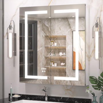 30 x 32 Lighted Medicine Cabinet with Bluetooth Clock and Outlets, Medicine Cabinet with Lights 3 Colors Dimmable