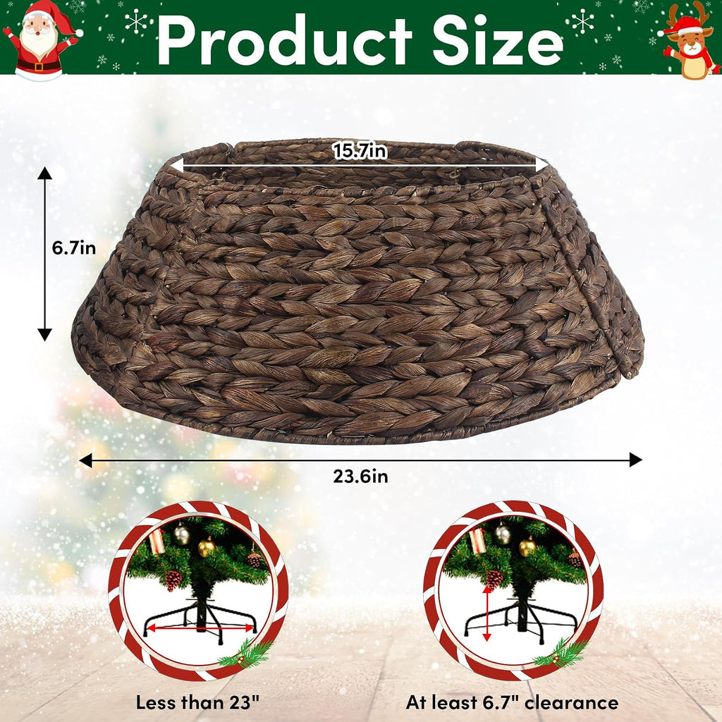 Christmas Tree Collar, 24'' Water Hyacinth Tree Collar, Woven Tree Collar with Cord Cut-Out, Rattan Wicker Tree Skirt