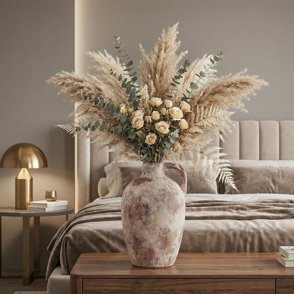 Ceramic Flower Vase with Handles,10" Neutral Tall Clay Terracotta Vases Farmhouse Table Vases with Handle Living Room