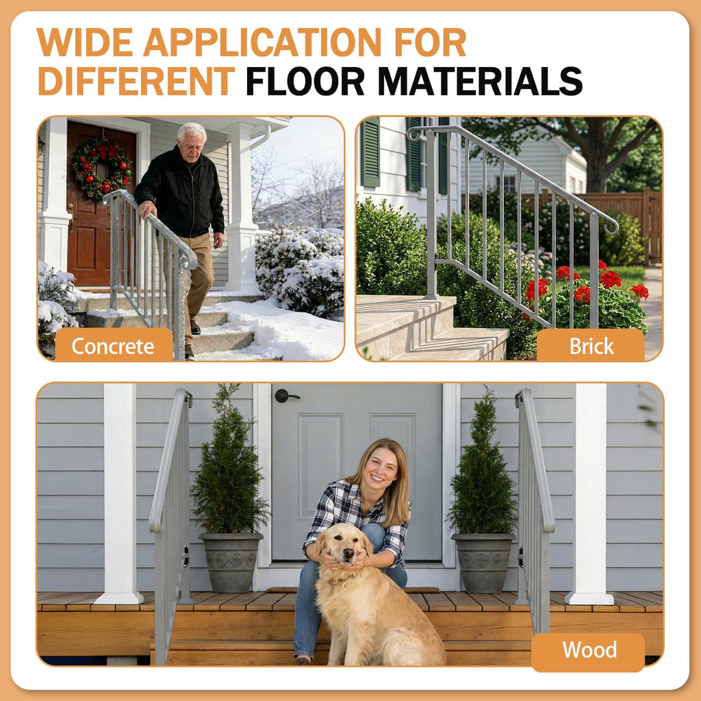 Handrails for Outdoor Steps, Stair Handrail Fits 1 to 5 Steps, Wrought Iron Hand Rail Stair Railing Kit for