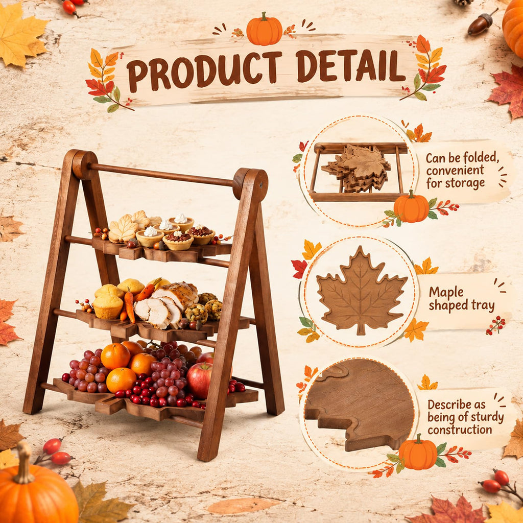 3 Tier Maple Leaf Serving Tray with 16" Collapsible Ladder Stand