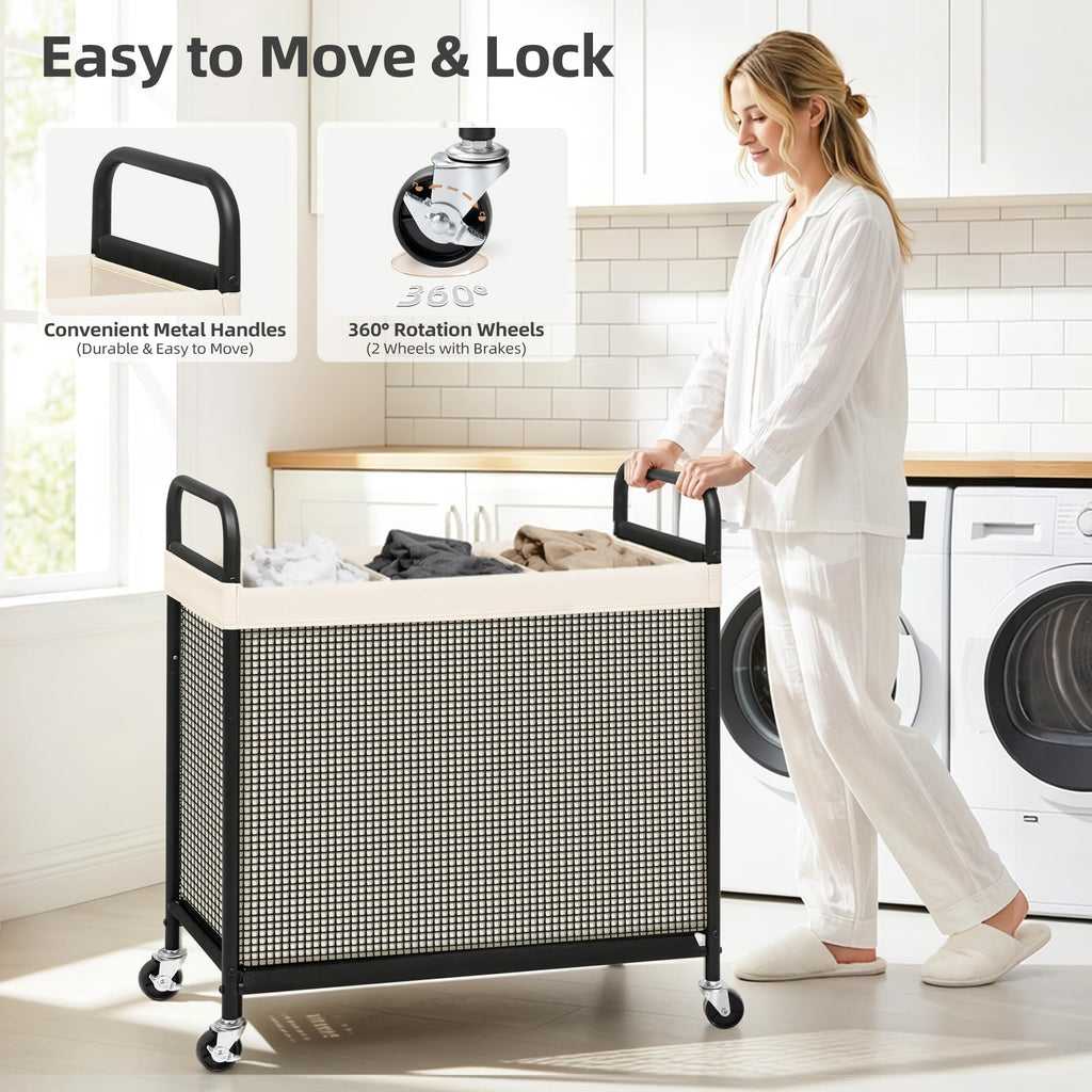 Rolling Laundry Hamper with Wheels 3-Section Laundry Sorter Rolling Laundrys Basket on Wheels with Removable Bag