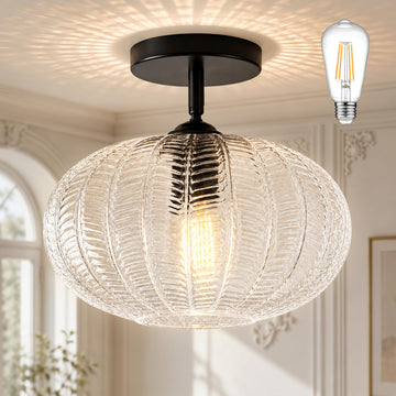 10" Black Glass Flush Mount Light Fixture Mid Century Modern Flush Mount Ceiling Light Textured Vintage Light