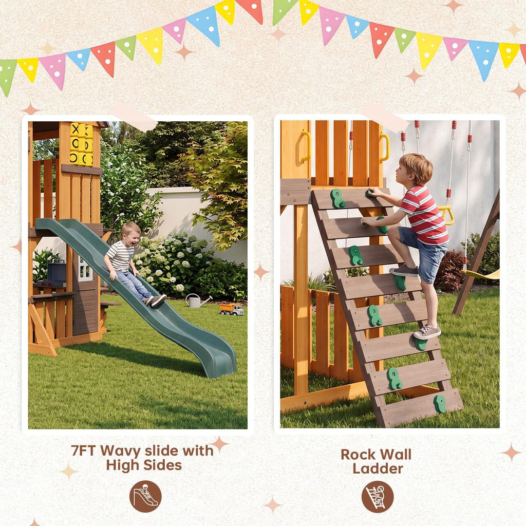 Wooden Swing Sets for Backyard - Outdoor Playset | 7 FT Wave Slide, 3 Swings, Play Kitchen, Toy Telescope, Steering