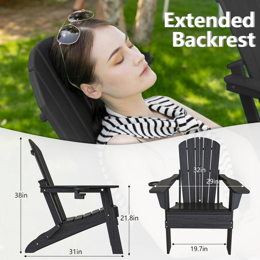 HDPE Folding Adirondack Chair Set of 3 with Cup Holder, Black
