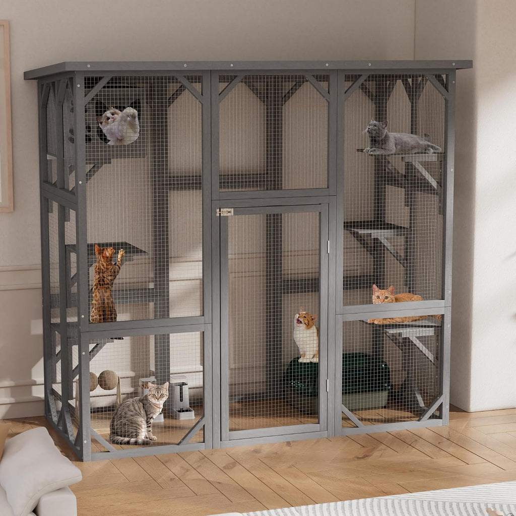 Catio Outdoor Cat Enclosure, Wooden Cat House with Resting Box, Grey