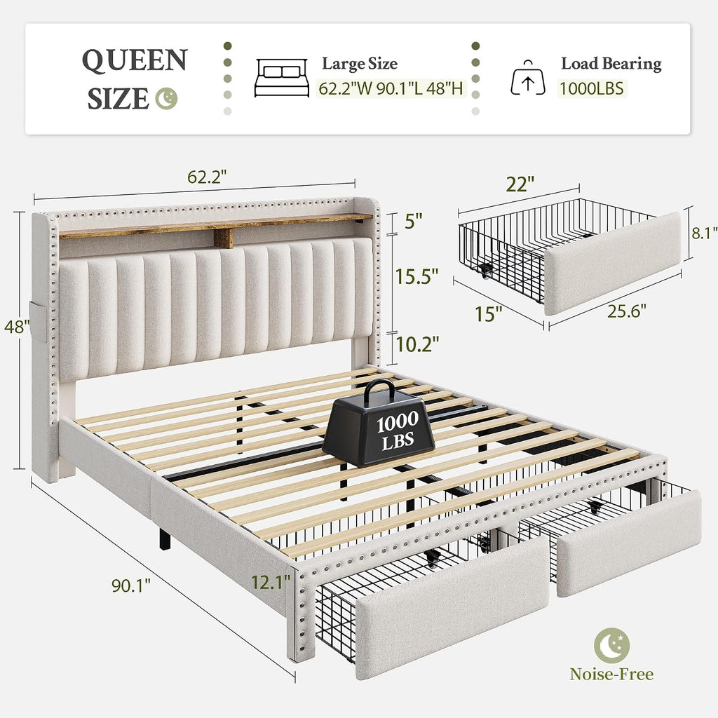 Queen Bed Frame, Upholstered Queen Bed Frame with 2 Storage Drawers and 2-Tier Headboard