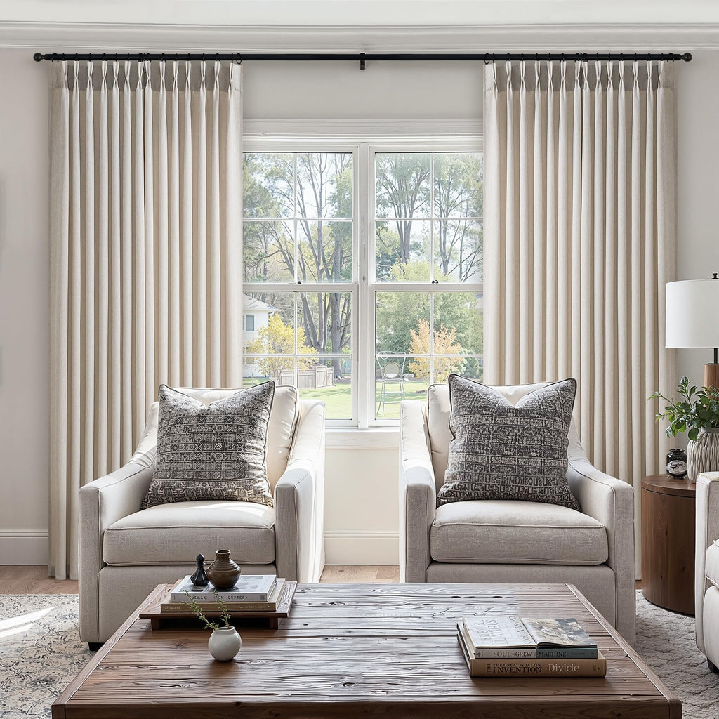 Oatmeal Pinch Pleated Linen Curtains 96 Inch 2 Panels Living Room