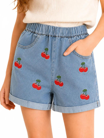 Girls Denim Shorts Embroidered Patterns Elastic Waist Cuffed Jean Shorts
