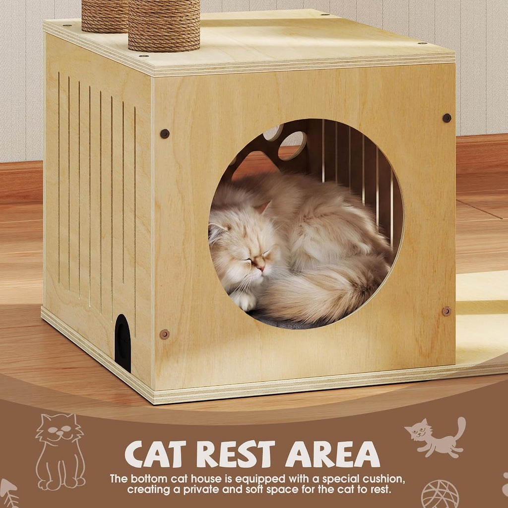 Wooden Cat Tree with Scratching Post, Modern Tower for Indoors Cats, Natural