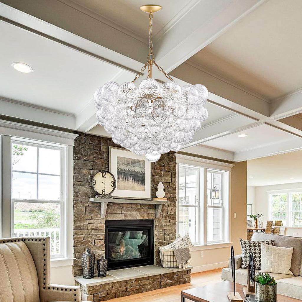 Nordic Bubble Ball Glass Chandelier 31", Gold and Clear, 9-Light
