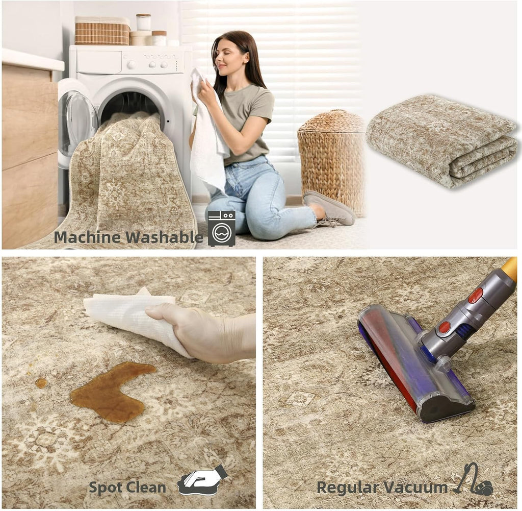 Machine Washable Runner Rugs : 2'6"x8' Kitchen Runner Rug with Rubber Backing Non Slip Low Pile Soft Faux Wool Boho