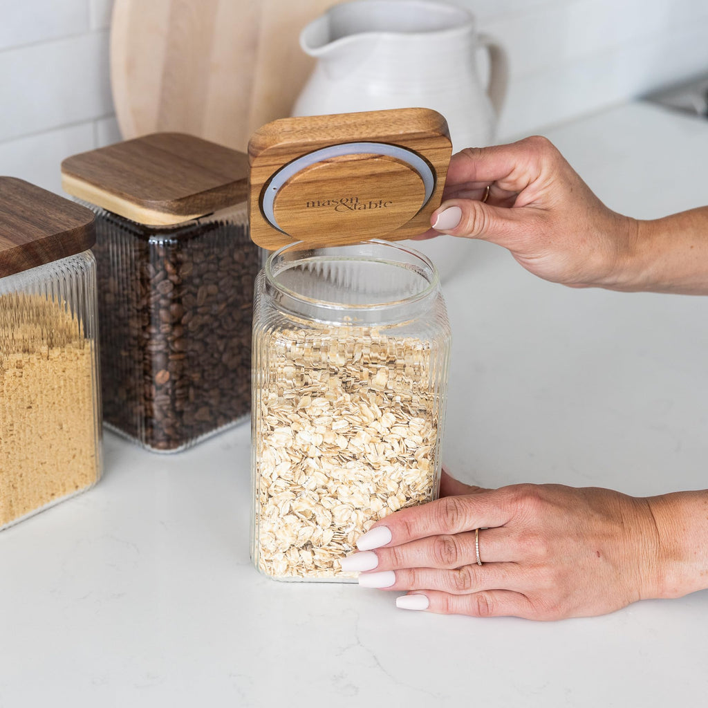 Ribbed Glass Square Jar with Wooden Lid 45fl.oz - Set of 3 | Airtight Fluted Storage Canister for Food, Pasta