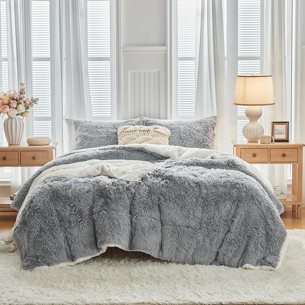 Gray Faux Fur Comforter Set 3 Pieces - 1 Shaggy Comforter 104x90 and 2 Pillowcases, Ultra Soft and Easy Care