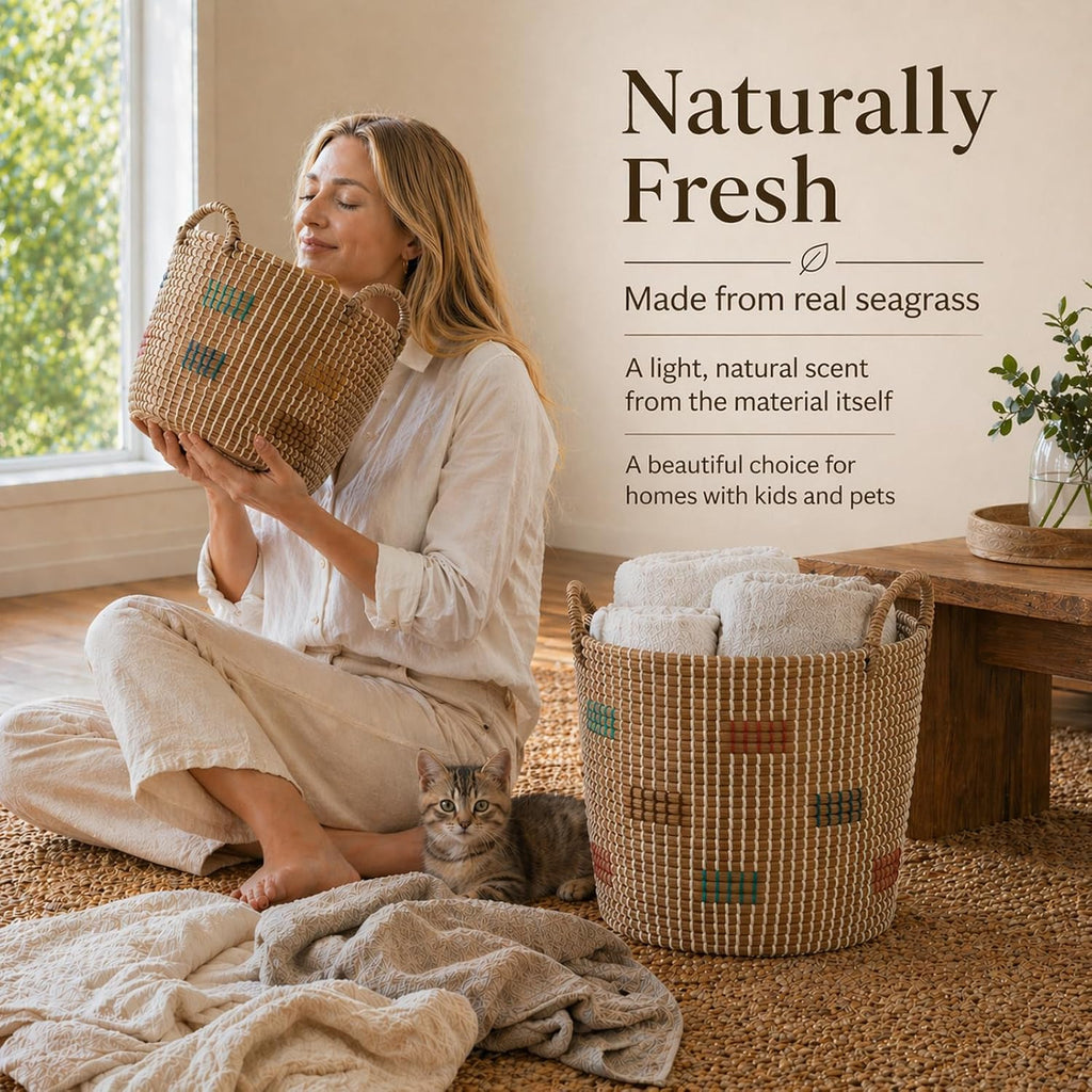 Natural Seagrass Storage Baskets Set of 3 with Handles, Handwoven Decorative Nesting Bins for Blankets, Towels, Toys