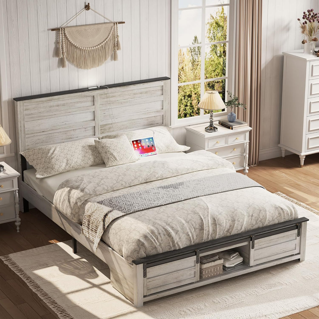 Wooden Bed Frame Queen with Headboard & Sliding Barn Door Storage Footboard, Farmhouse Platform Bedframe with