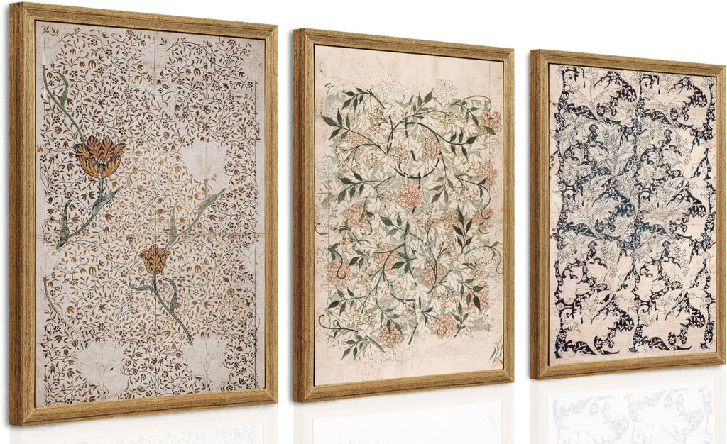 Vintage Floral Canvas Wall Art Set of 3, Retro Botanical Flower Prints with Wood Frame, William Morris Decor Bedroom