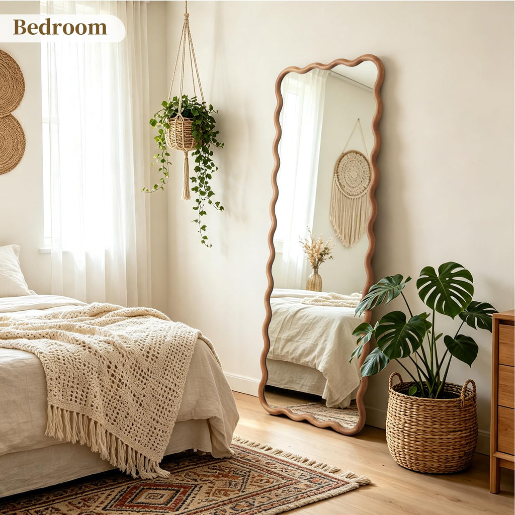 24"x65" Wood Full Length Mirror, Arched Natural Wood Boho Wavy Floor Mirror, Long Full Body Mirror Hanging