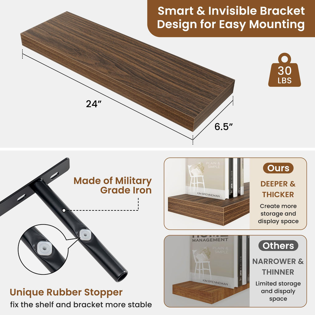 Floating Shelves for Wall, Wall Mounted Wood Shelves, Walnut, Set of 2, 24"