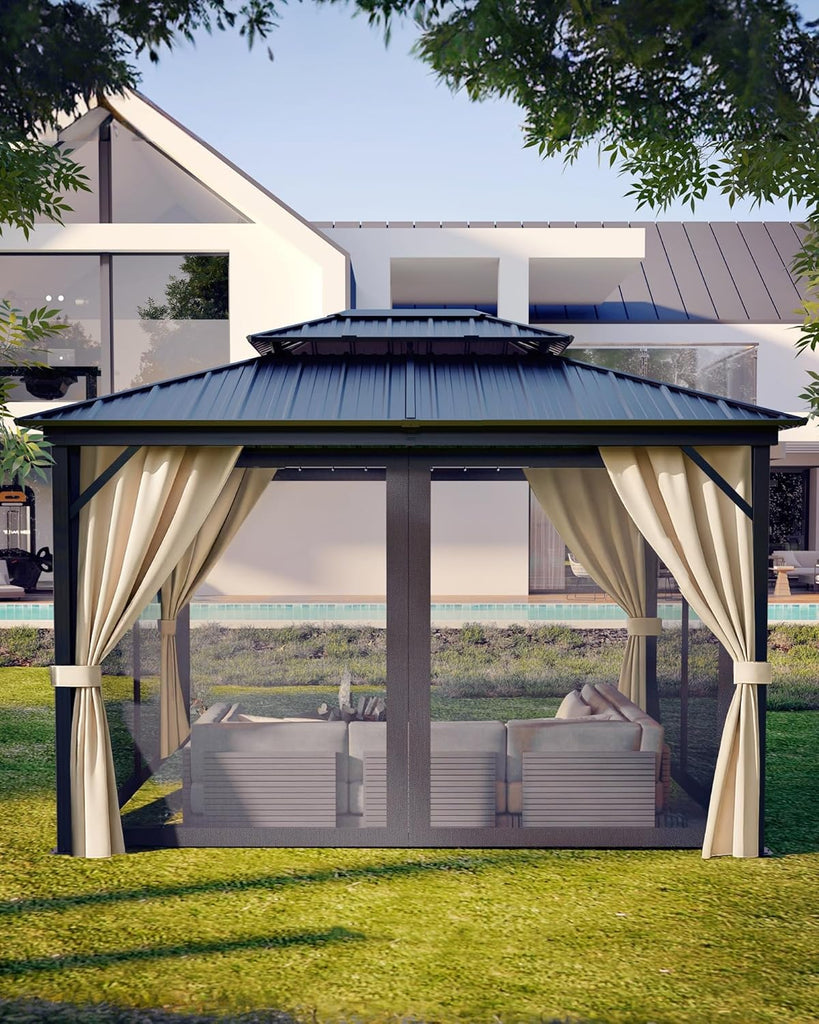 GarveeLife Hardtop Gazebo 10 ft x14 ft for All Weather, with Double Metal Roof, Aluminum Alloy Frame, Net, and Curtain