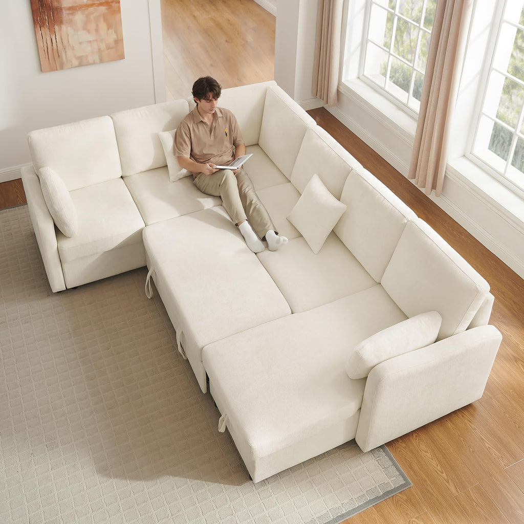 7 Seater 112'' Sectional Sleeper Sofa with Storage, Chenille Beige