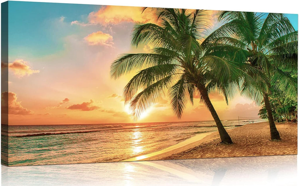 Beach Wall Art Ocean Canvas Wall Decor Tropical Palm Tree Picture for Wall Coastal Painting Gold Sunset Art Print