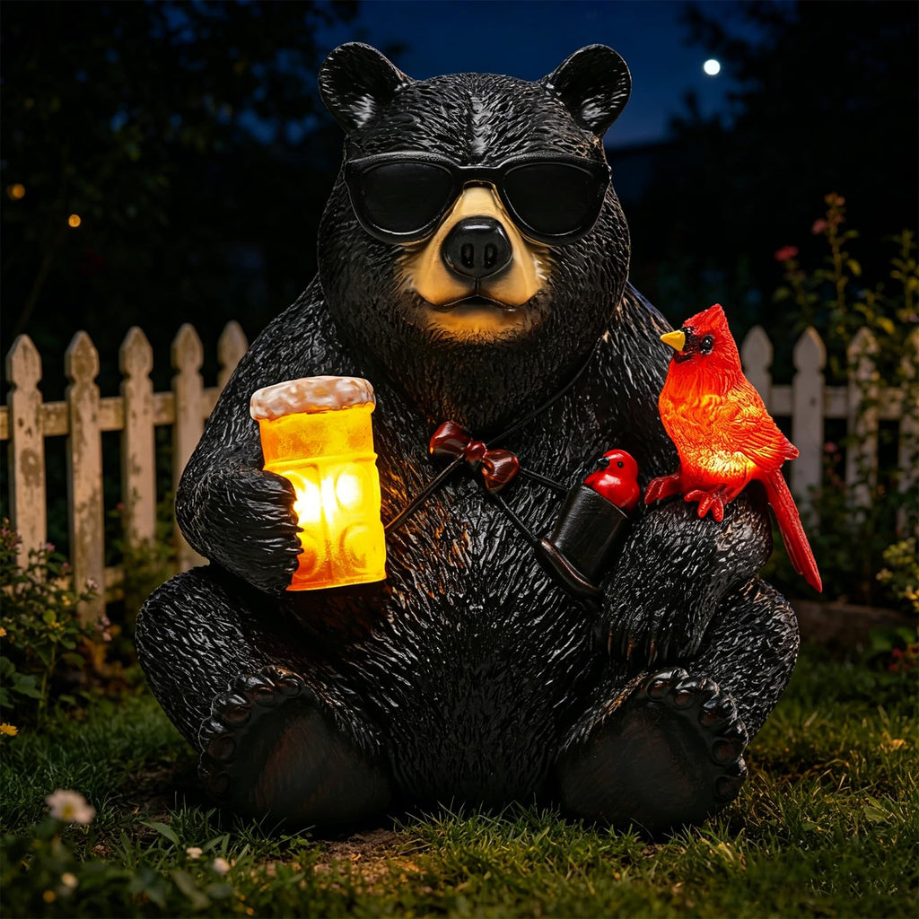 Solar Black Bear Statue for Garden with Beer and Cardinals