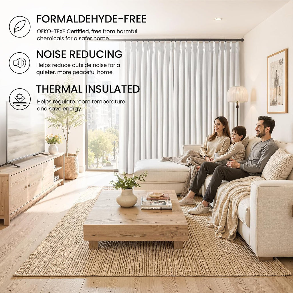 96 Inch Pinch Pleated Blackout Curtains Double Layer, Natural Beige Linen Blend 100% Blackout Sliding Door Panels