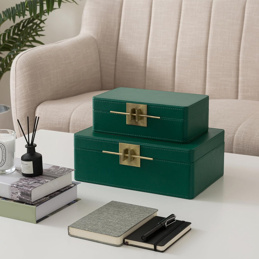 Faux Leather Boxes with Lids, Emerald Green - Set of 2