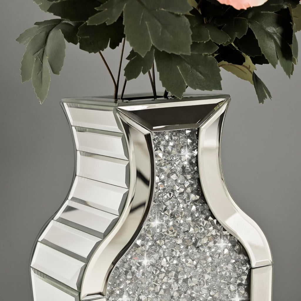 Crushed Diamond Floor Vase with Pampas Grass, Large Silver Mirror Tall Vases for Floor, Modern Luxury Glass Vases