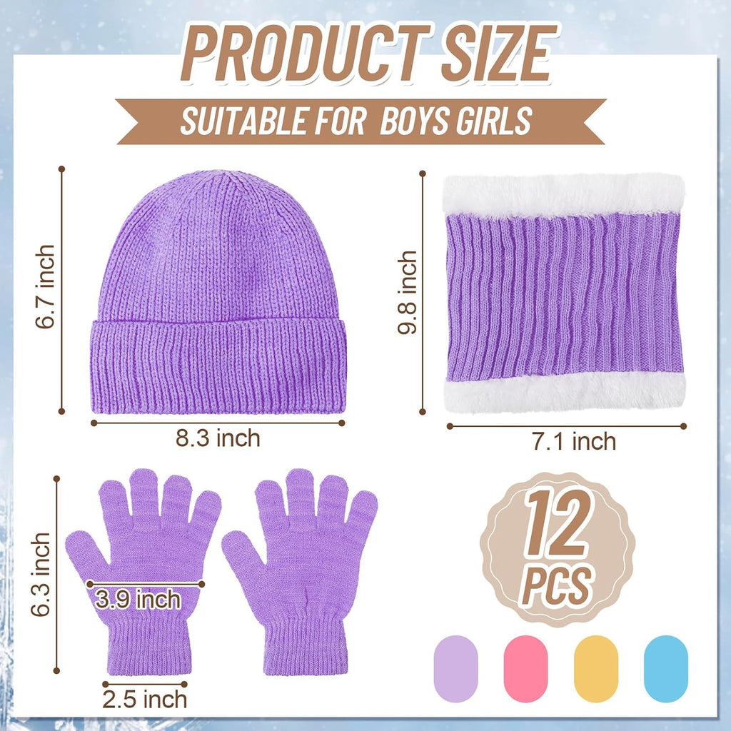 12 Pcs Kids Knitted Winter Hat Gloves Scarf Set for 5-8
