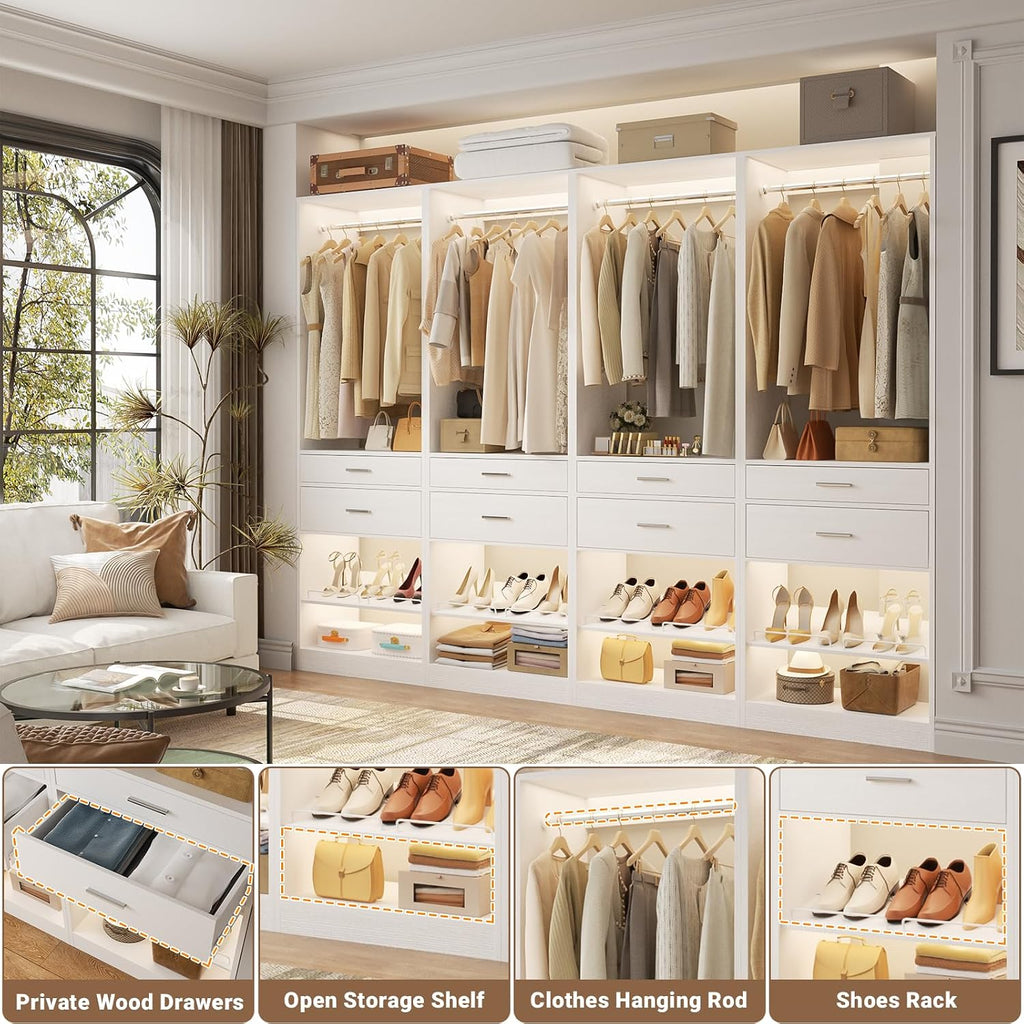 Closet System, 8.3FT Closet Organizer with 8 Wooden Drawers, 4 Hanging Rods, Adjustable Shoe Rack, Easy Assembly
