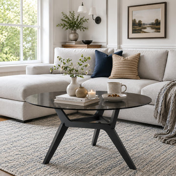 Round Glass Coffee Table, Soild Wood Base, 31.5" W, Black