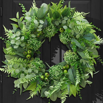 24 Inch Artificial Greenery Wreath for Front Door - Green Wreath with Eucalyptus and Fern Leaves, Spring Summer Fall