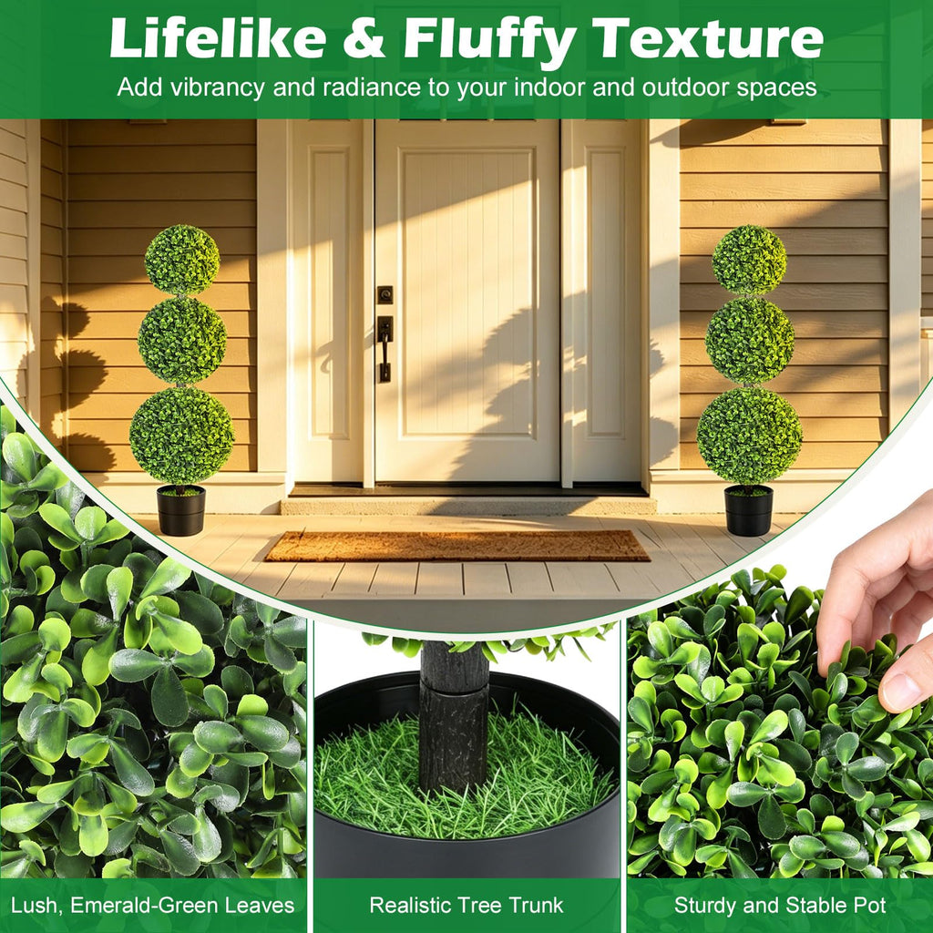 3FT Realistic Artificial Boxwood Triple Ball Topiary Tree with Pot/Ground Stake, UV-Resistant Faux Topiary Plant