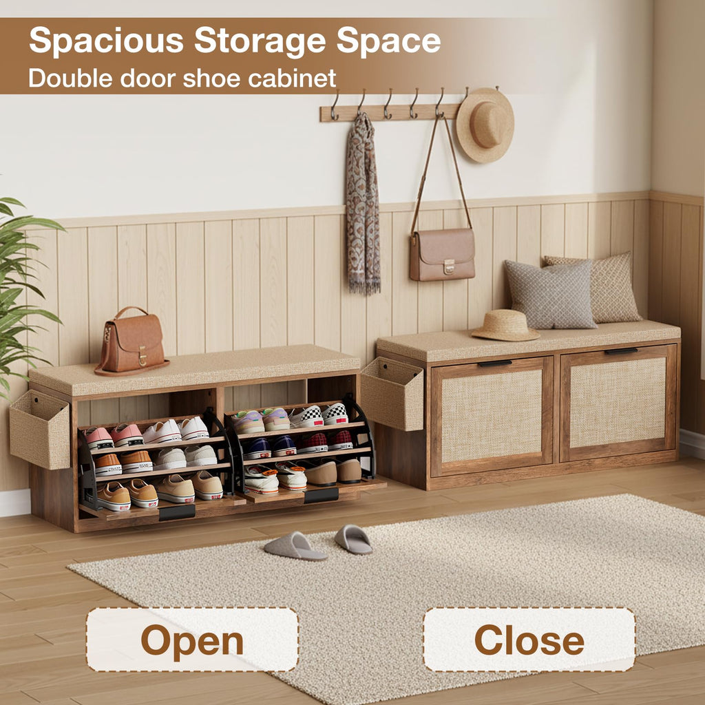40'' Shoe Storage Bench, Entryway Bench with Shoe Storage & 2 Flip Drawer & Seat Cushion, Rattan Hidden Shoe Rack