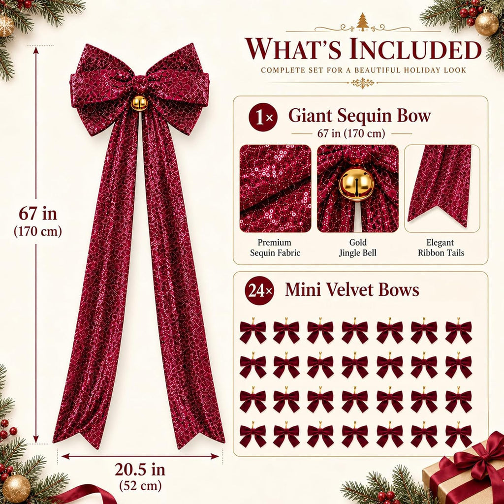 Extra Large Burgundy Velvet Bow Christmas Tree Topper with LED 1.97ft
